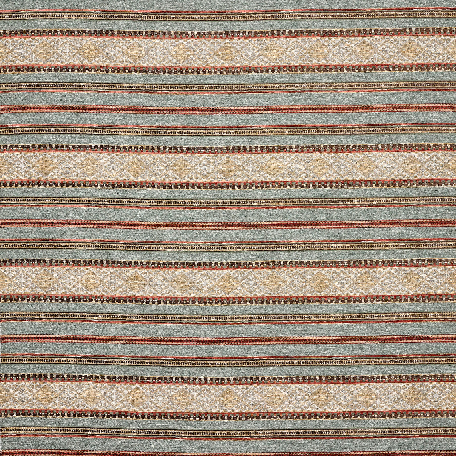 Striped woven fabric in forest green, stone and rust with decorative narrow bands