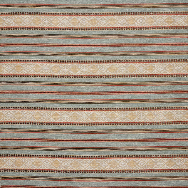 Striped woven fabric in forest green, stone and rust with decorative narrow bands