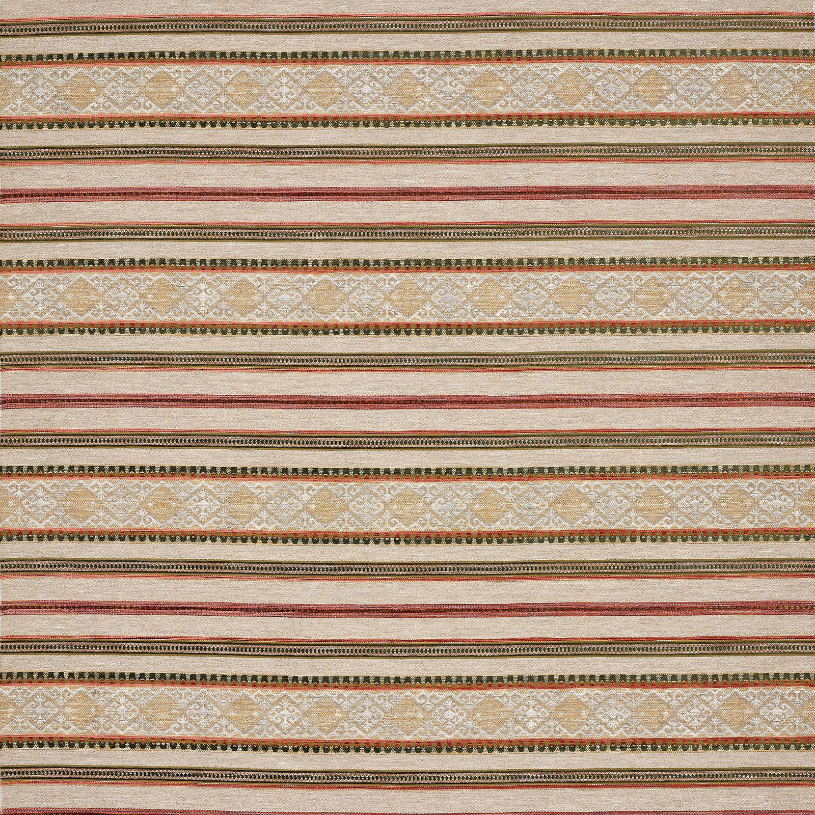 Cream striped fabric with muted red bands and olive decorative borders