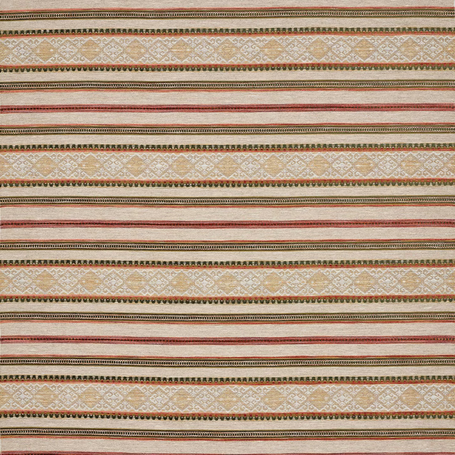 Cream striped fabric with muted red bands and olive decorative borders