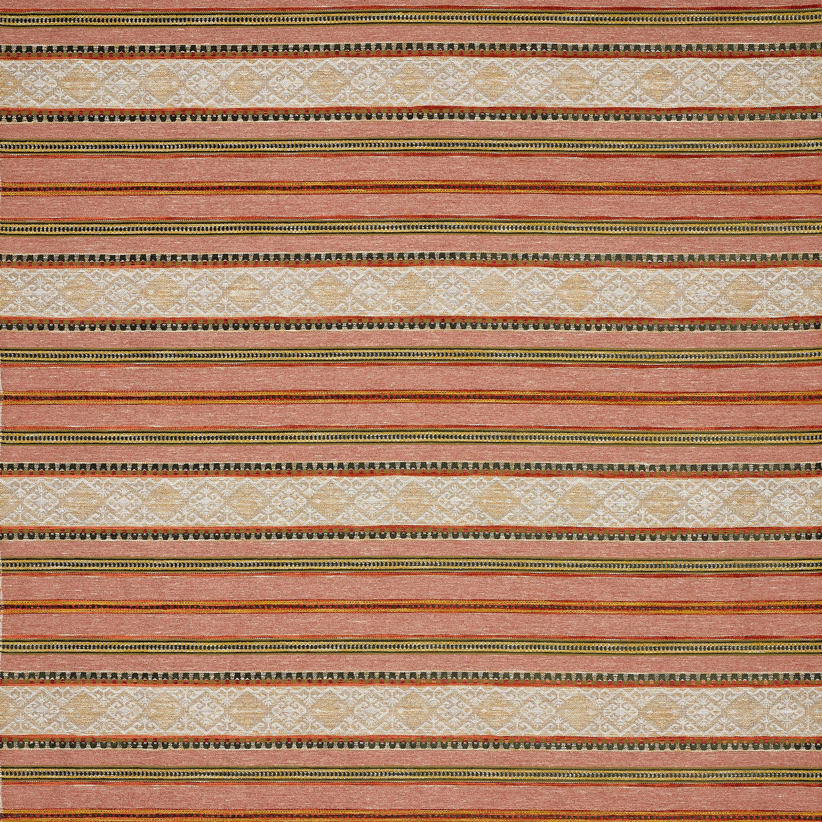Striped fabric swatch in muted tomato coral, cream lattice and narrow decorative bands