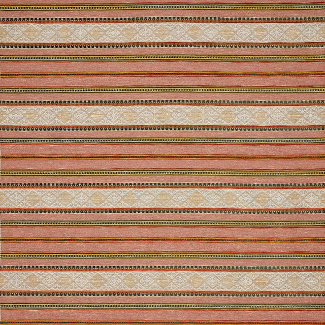 Striped fabric swatch in muted tomato coral, cream lattice and narrow decorative bands
