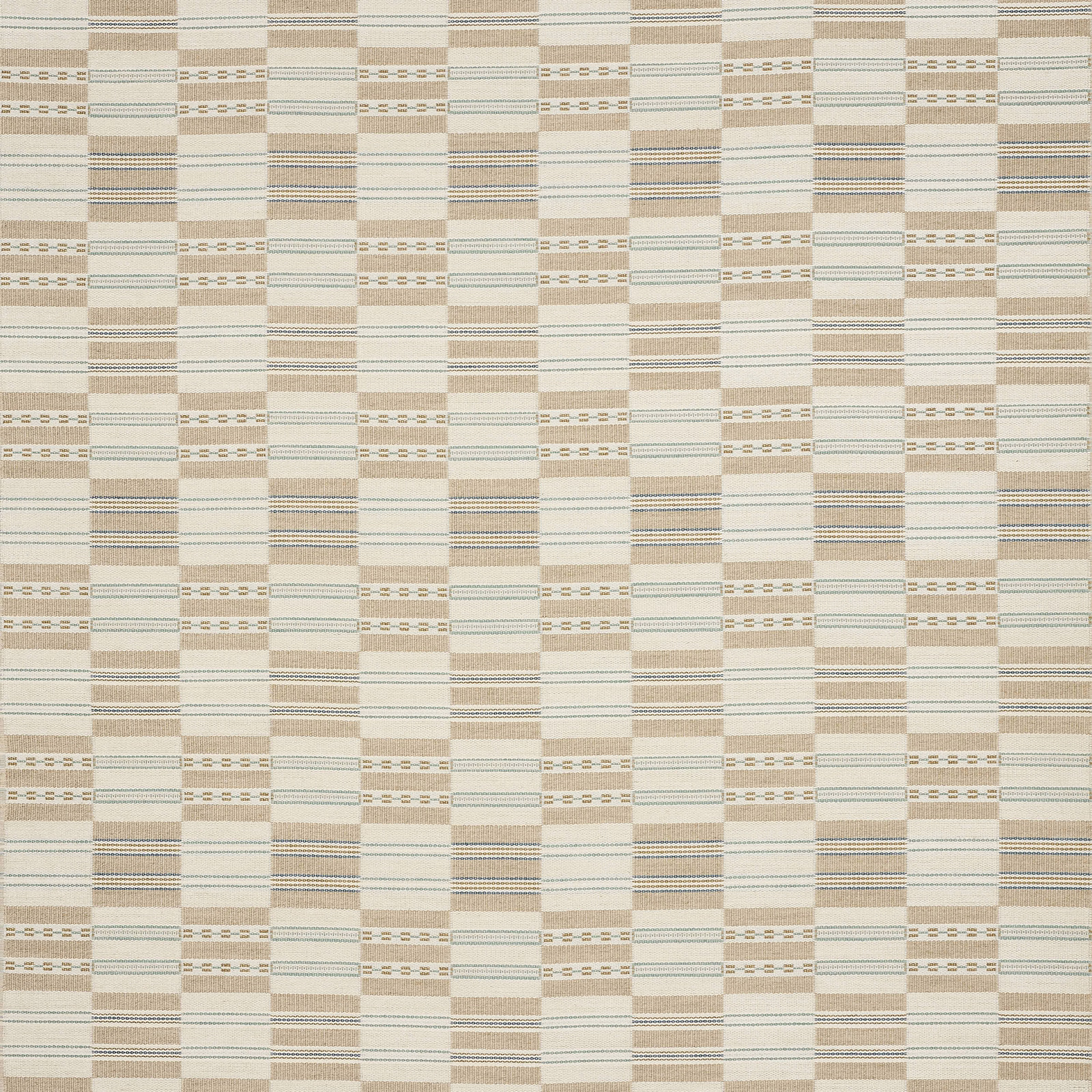 Close-up of a warm beige and ivory small check fabric with fine striped woven bands