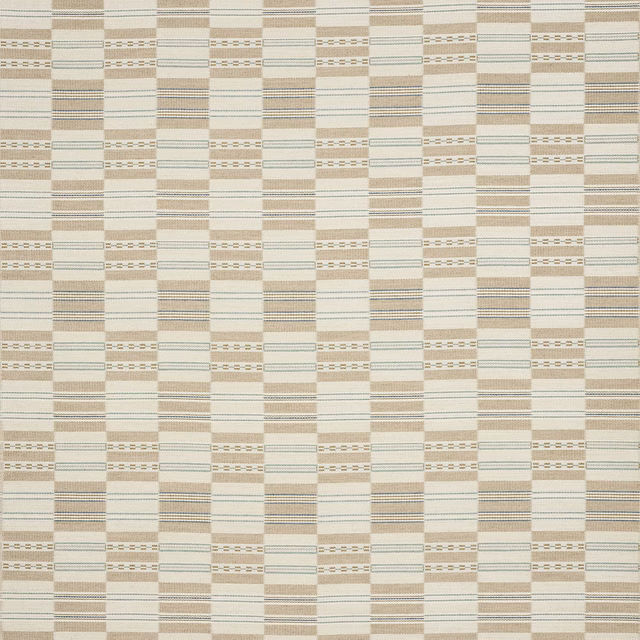 Close-up of a warm beige and ivory small check fabric with fine striped woven bands