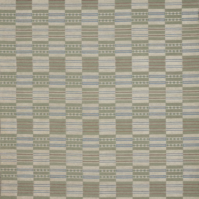 Pale woven stripe fabric with muted forest green, blue and brown accents