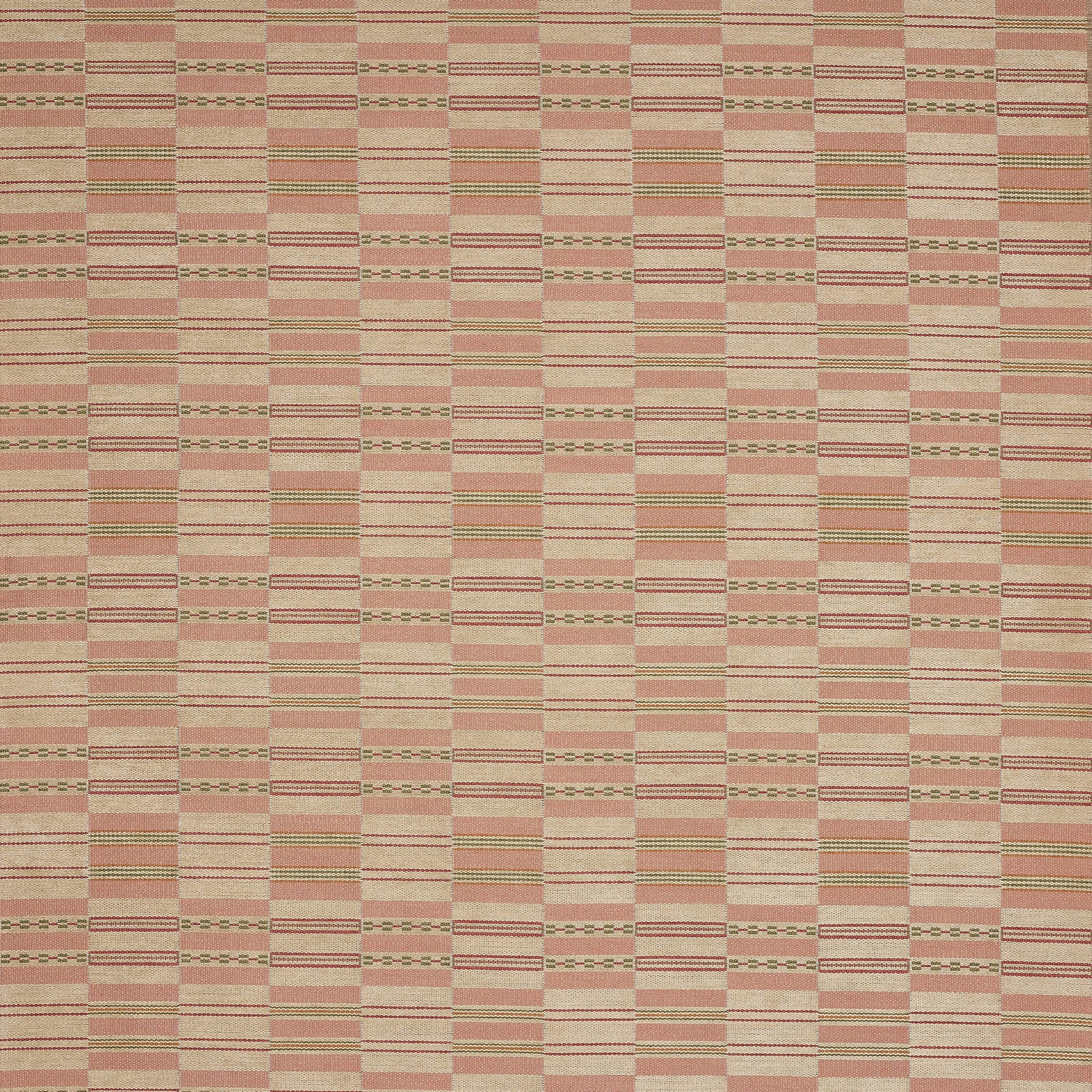 Pink terracotta woven fabric with a small check and stripe pattern on a cream ground