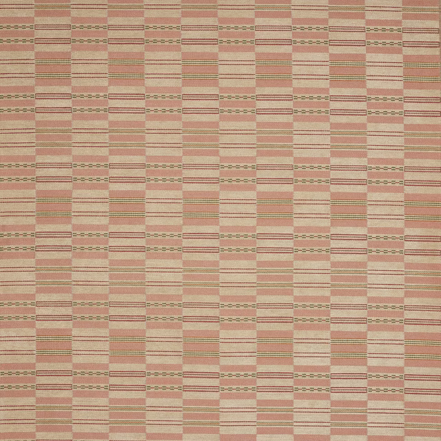 Pink terracotta woven fabric with a small check and stripe pattern on a cream ground