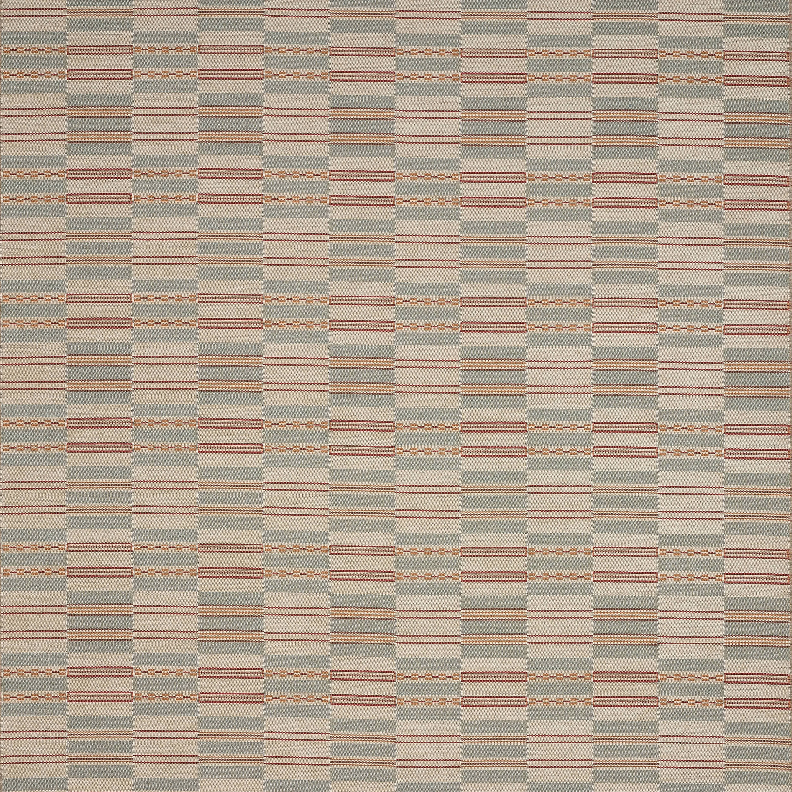 Muted sage woven fabric with terracotta-red stripes in a stepped checked pattern