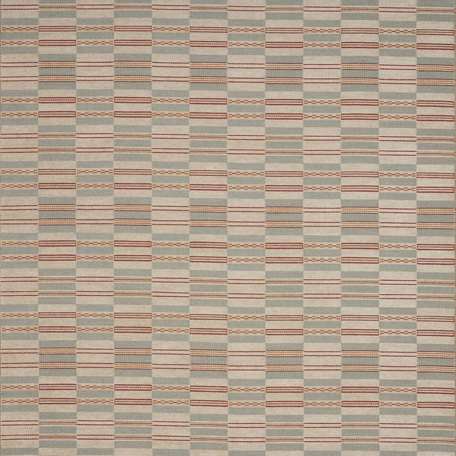 Muted sage woven fabric with terracotta-red stripes in a stepped checked pattern