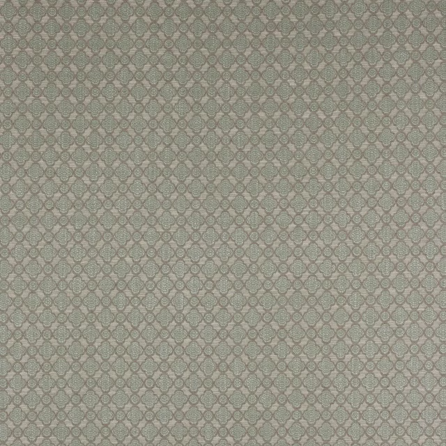 Small geometric fabric swatch in soft celadon green with textured woven motifs