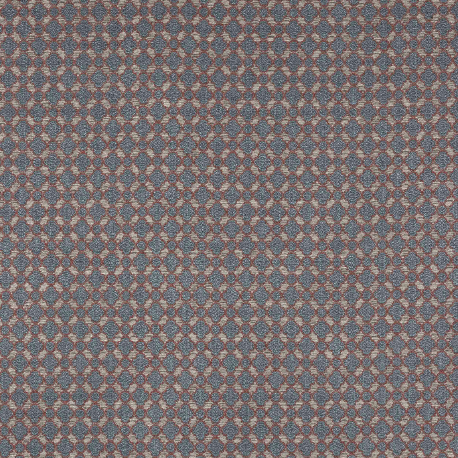 Small geometric fabric swatch in muted cobalt blue and taupe-beige lattice