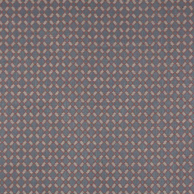 Small geometric fabric swatch in muted cobalt blue and taupe-beige lattice