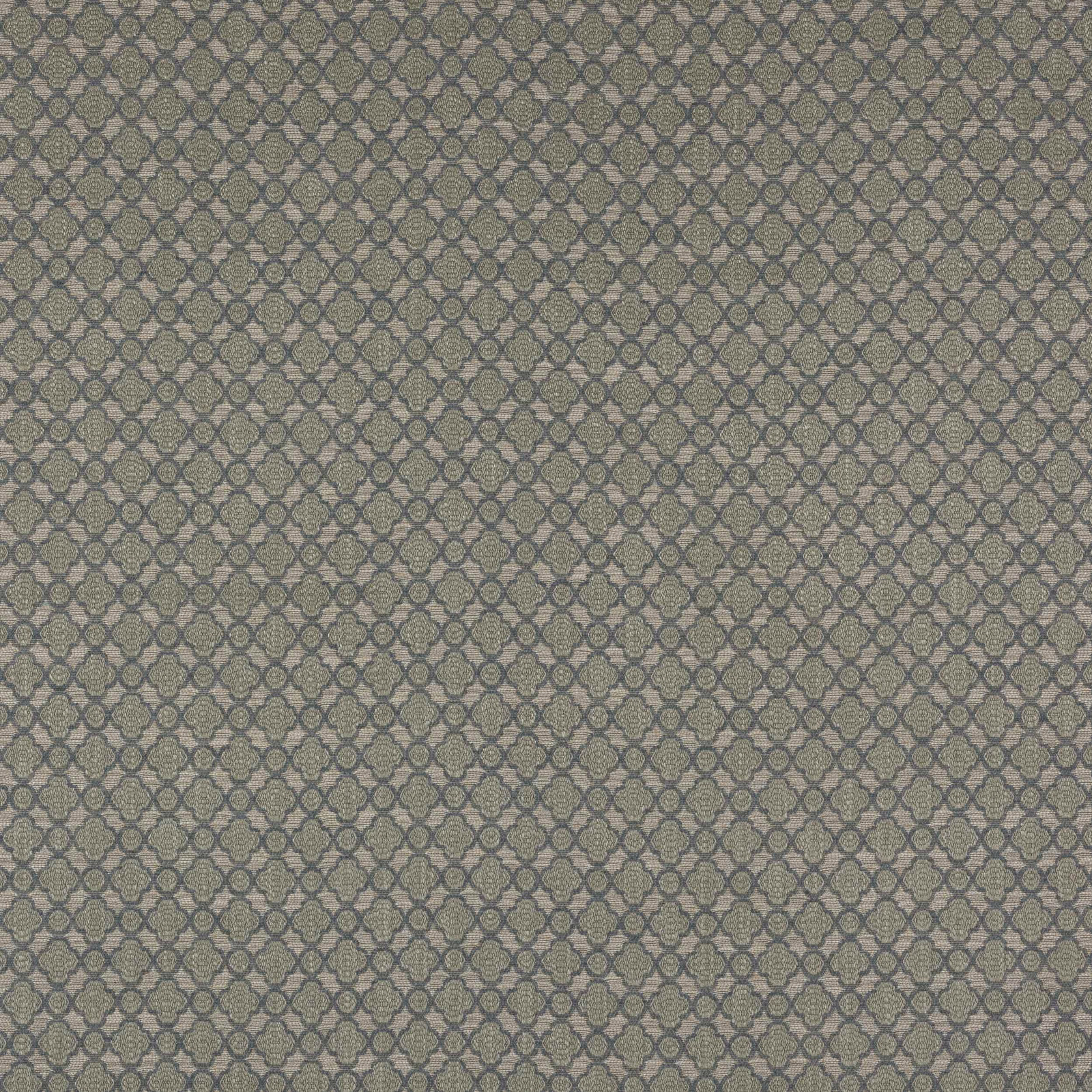 Muted green-grey geometric fabric with small quatrefoil lattice pattern
