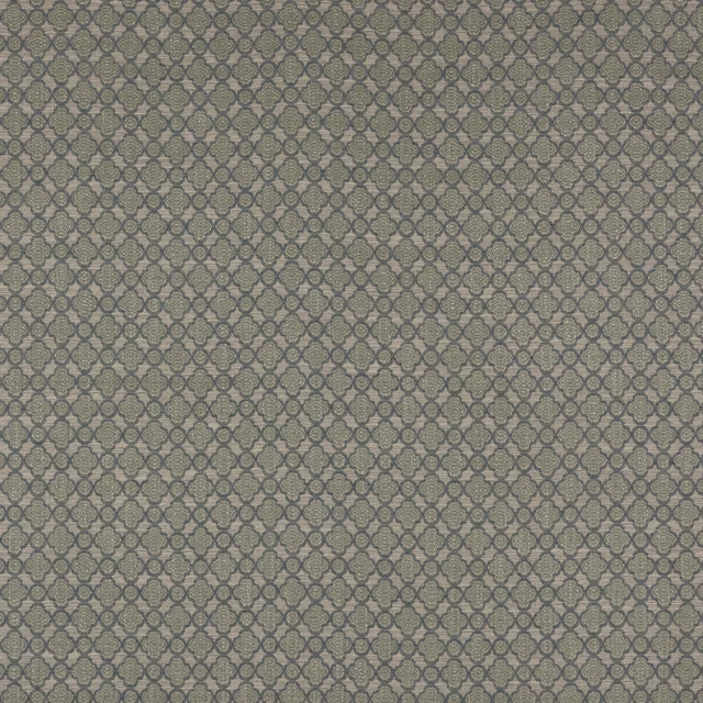 Muted green-grey geometric fabric with small quatrefoil lattice pattern