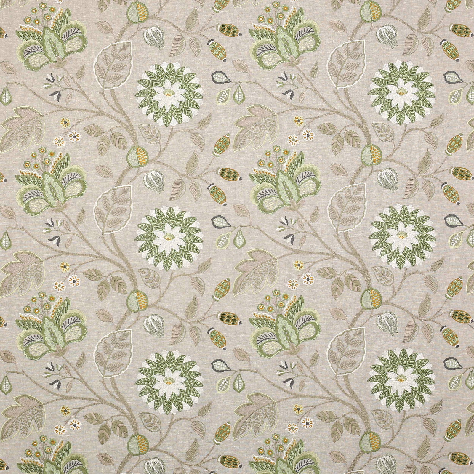 Beige botanical fabric with sage and olive leaf and flower trail pattern