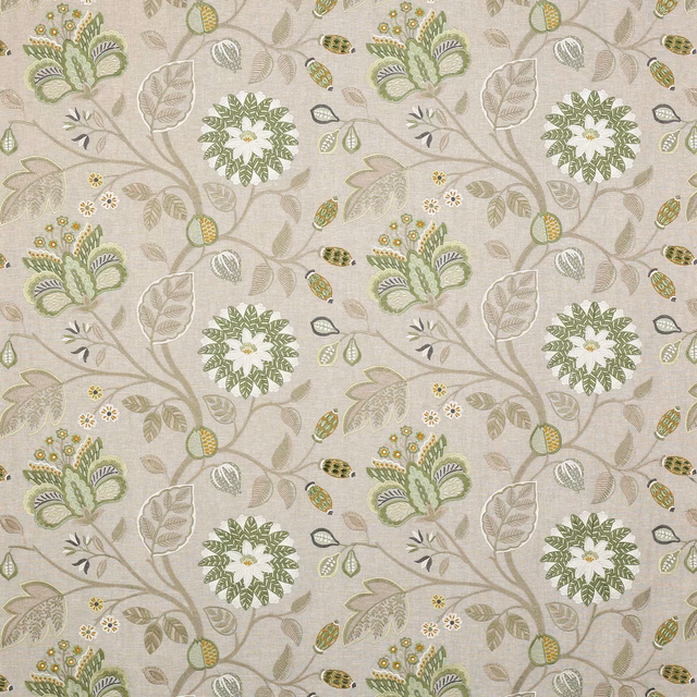 Beige botanical fabric with sage and olive leaf and flower trail pattern