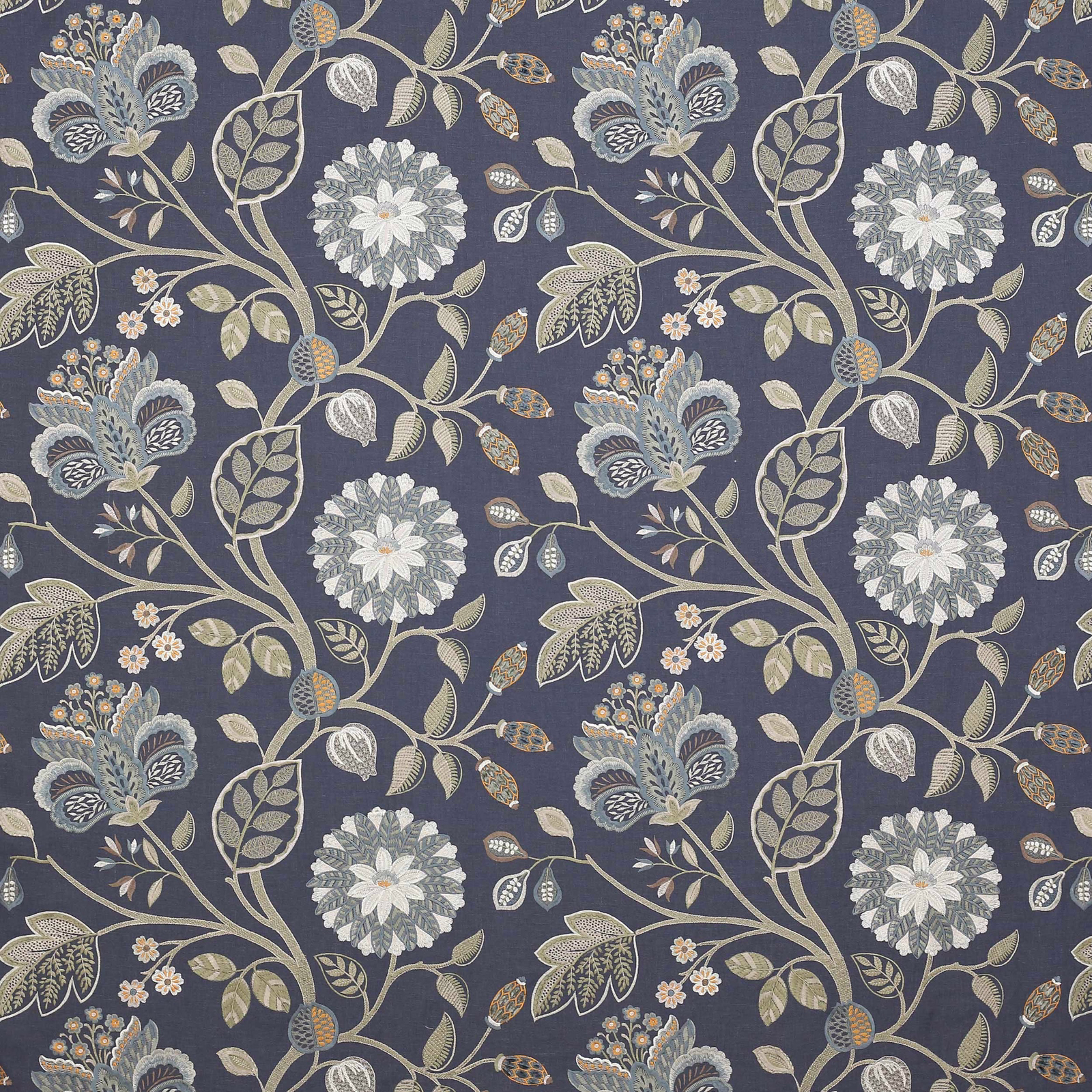 Navy floral fabric with scrolling stems, pale blooms and sage leaves