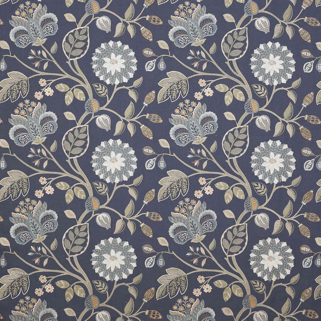 Navy floral fabric with scrolling stems, pale blooms and sage leaves