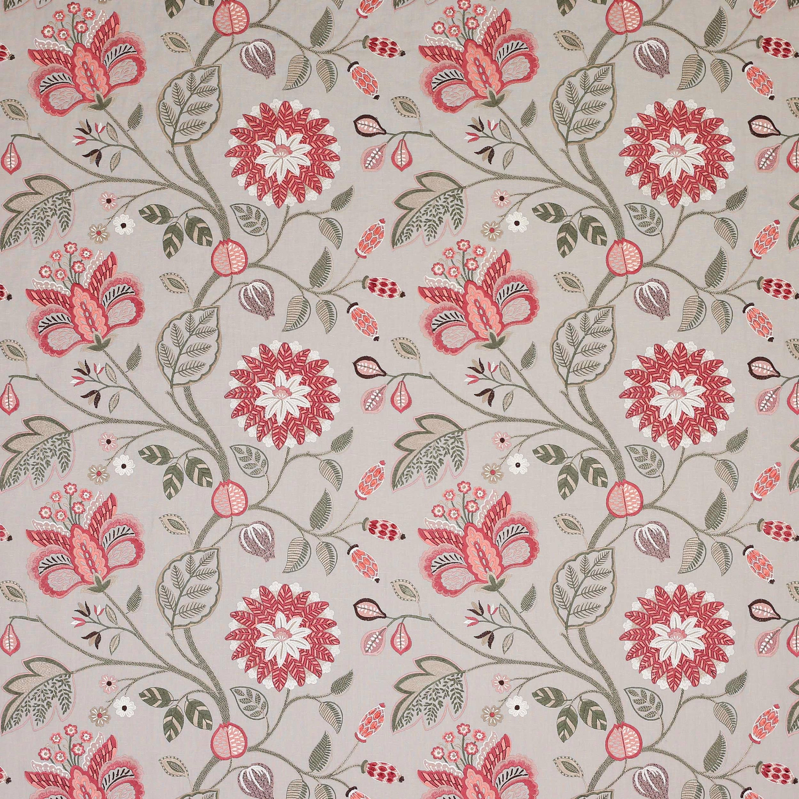 Pale ground floral fabric with coral-red blooms, olive stems and leafy trailing vines