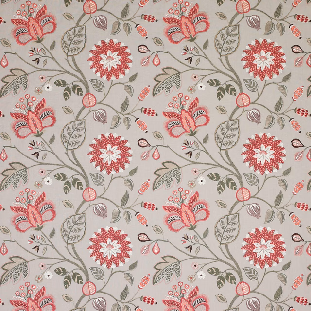 Pale ground floral fabric with coral-red blooms, olive stems and leafy trailing vines