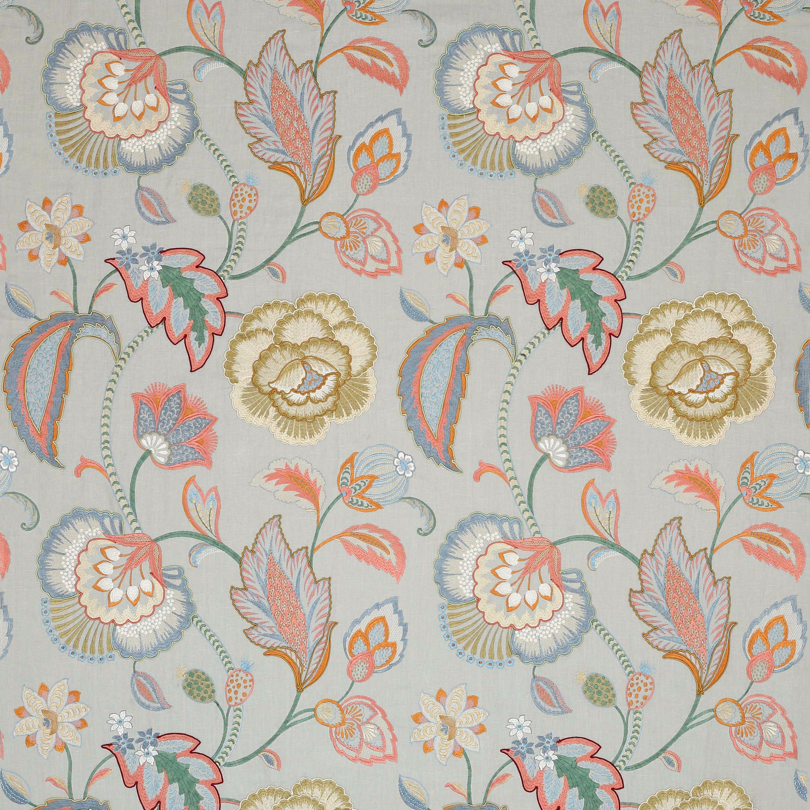Large floral fabric with soft aqua ground, coral and gold detailing