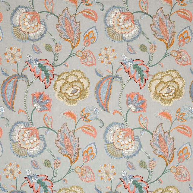 Large floral fabric with soft aqua ground, coral and gold detailing