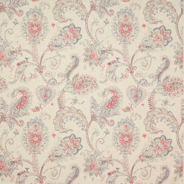 Pale floral scroll linen fabric with pink and blue detailing