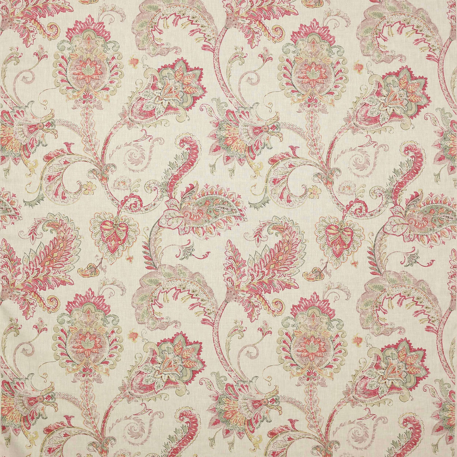 Cream linen swatch with large dusty rose and sage damask paisley motifs