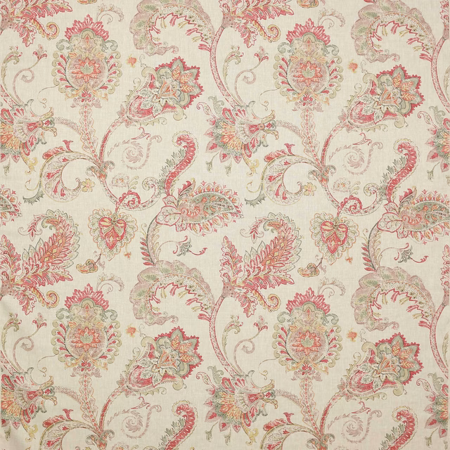 Cream linen swatch with large dusty rose and sage damask paisley motifs