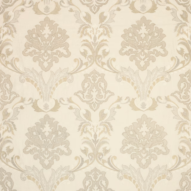 Cream damask fabric with pale taupe scrolling motifs and soft woven sheen