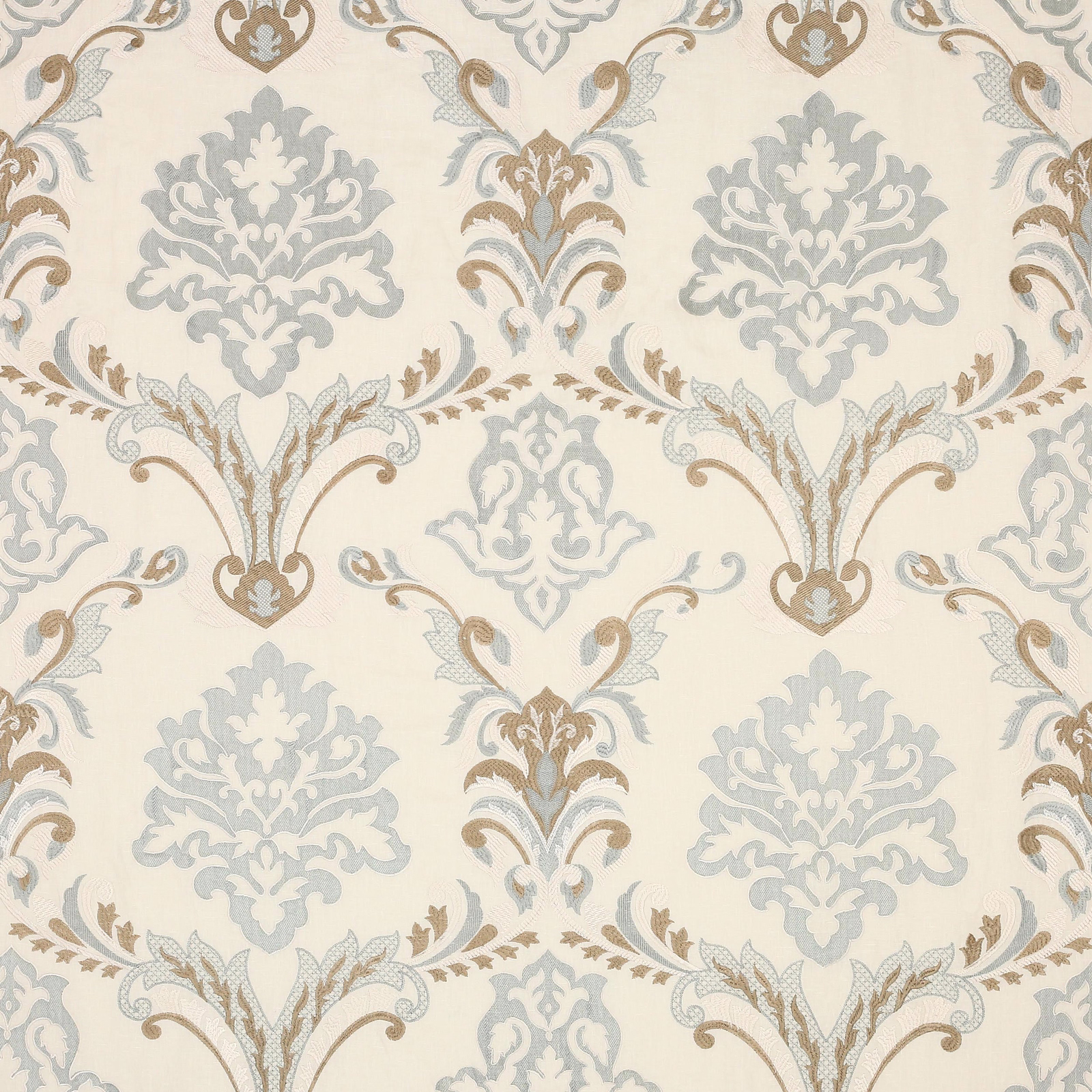 Cream damask fabric with soft dusty blue and taupe scrolling motifs