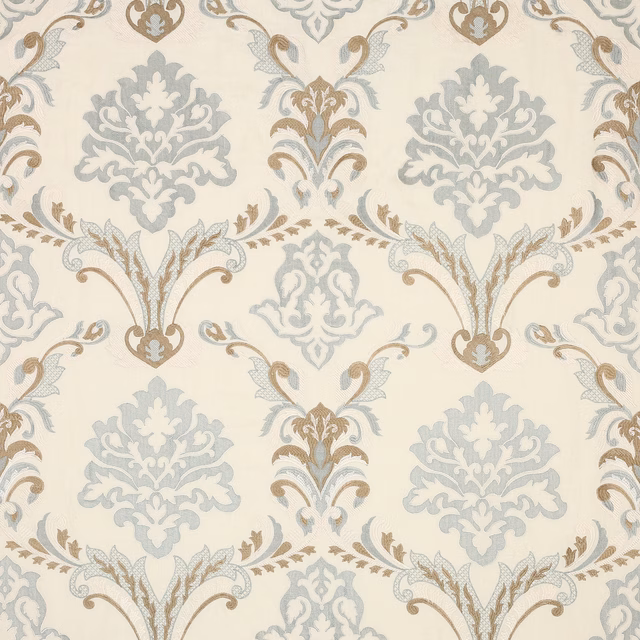 Cream damask fabric with soft dusty blue and taupe scrolling motifs