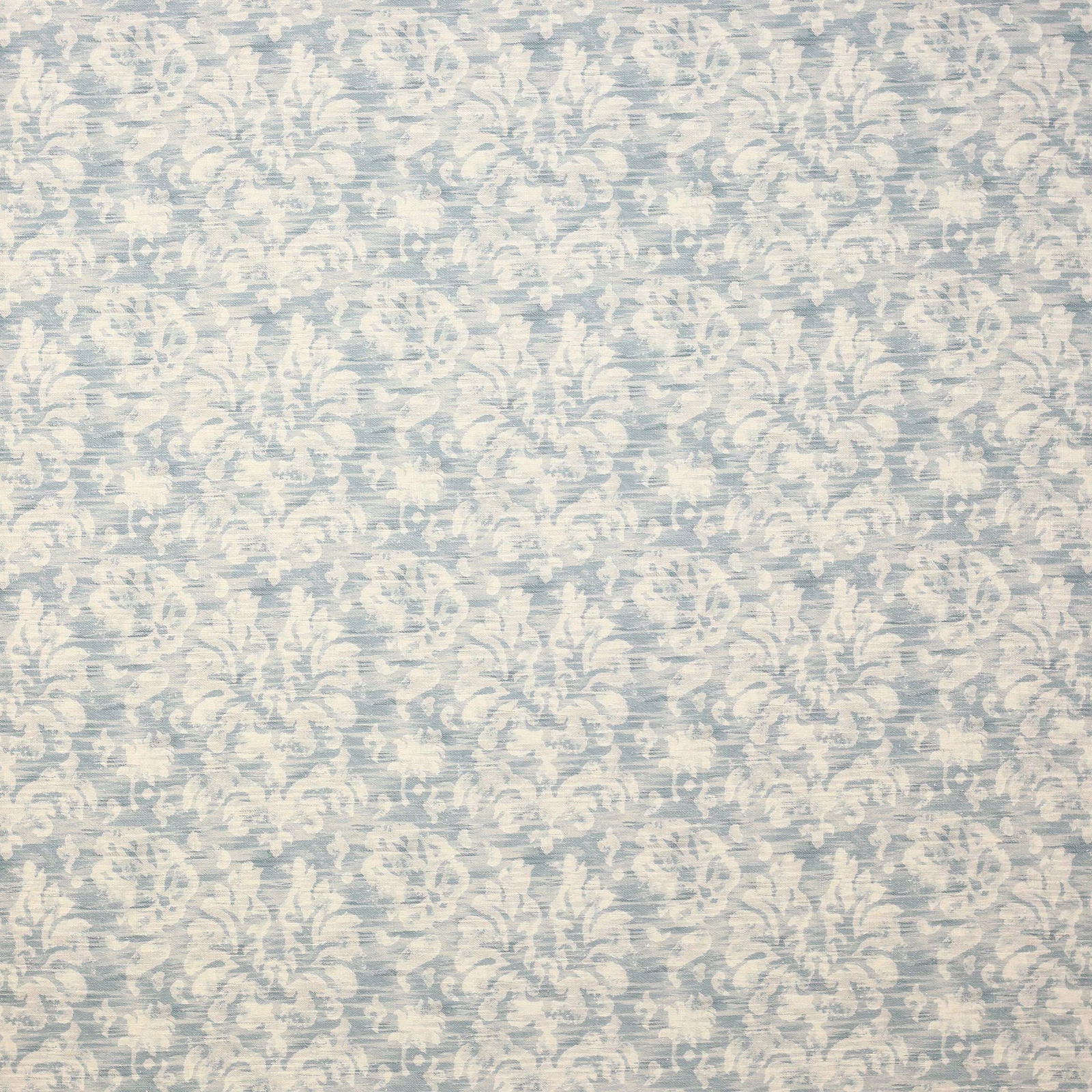 Pale blue damask fabric with creamy scroll motifs and a lightly textured weave