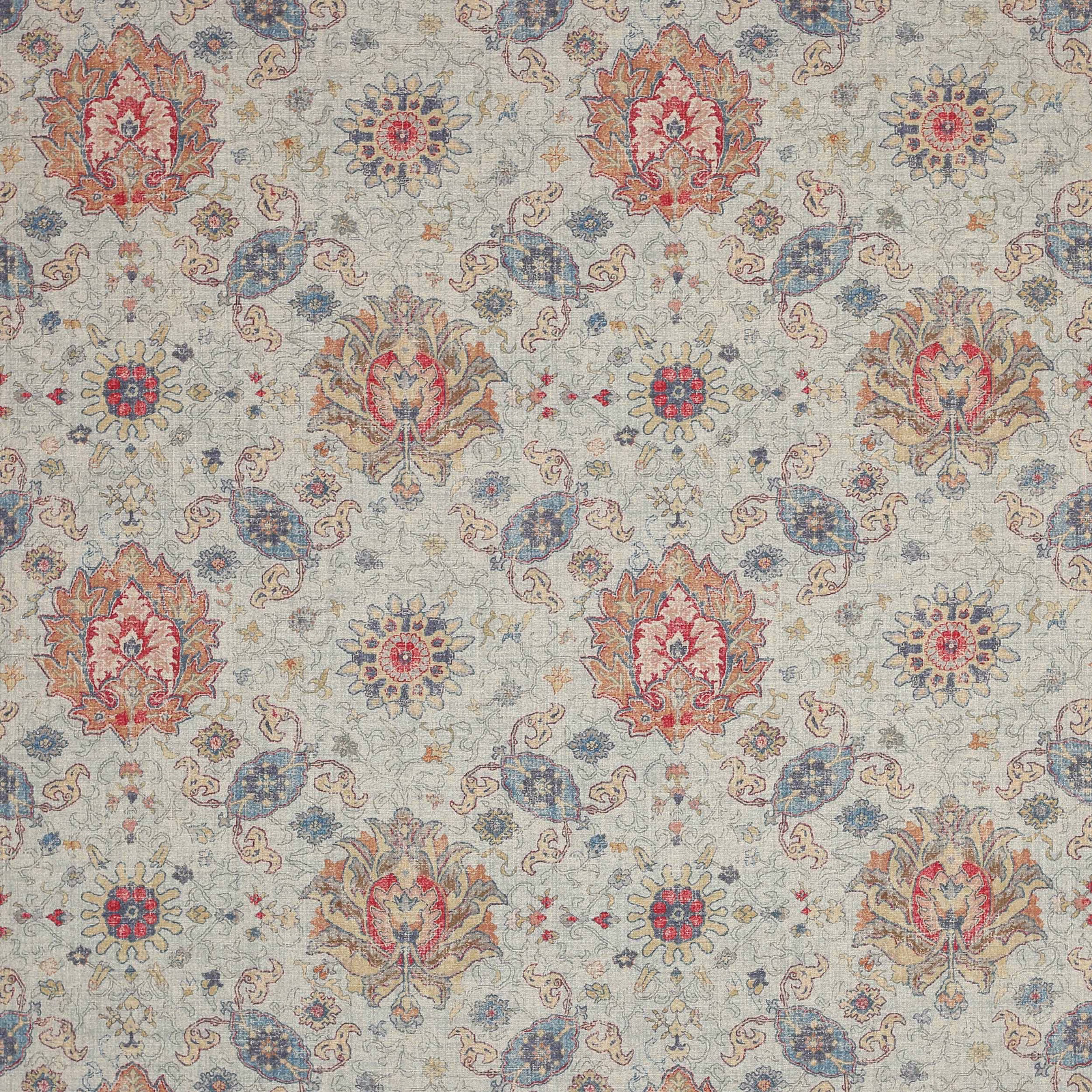 Pale aqua patterned fabric with faded floral medallions and scrolling damask motifs