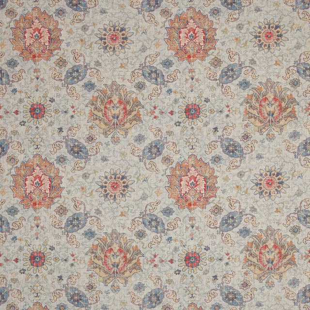Pale aqua patterned fabric with faded floral medallions and scrolling damask motifs