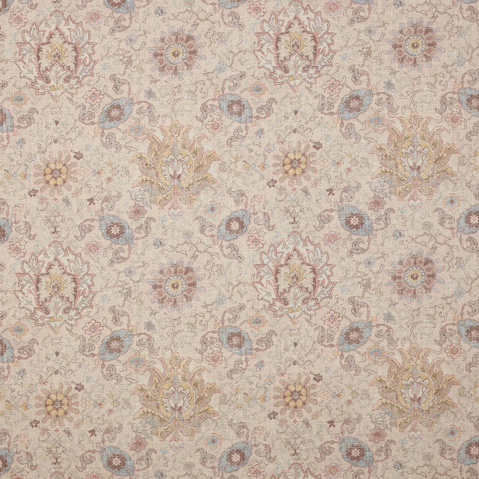 Beige floral patterned fabric swatch with faded pastel accents and scrolling motifs