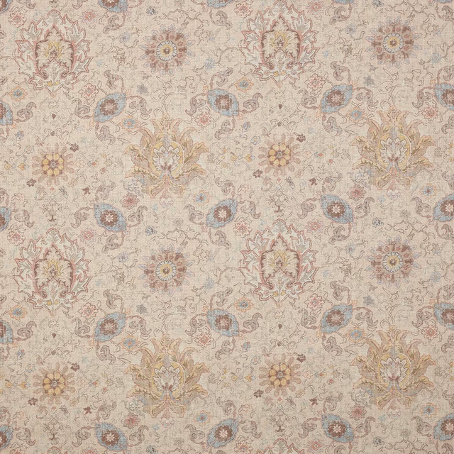 Beige floral patterned fabric swatch with faded pastel accents and scrolling motifs