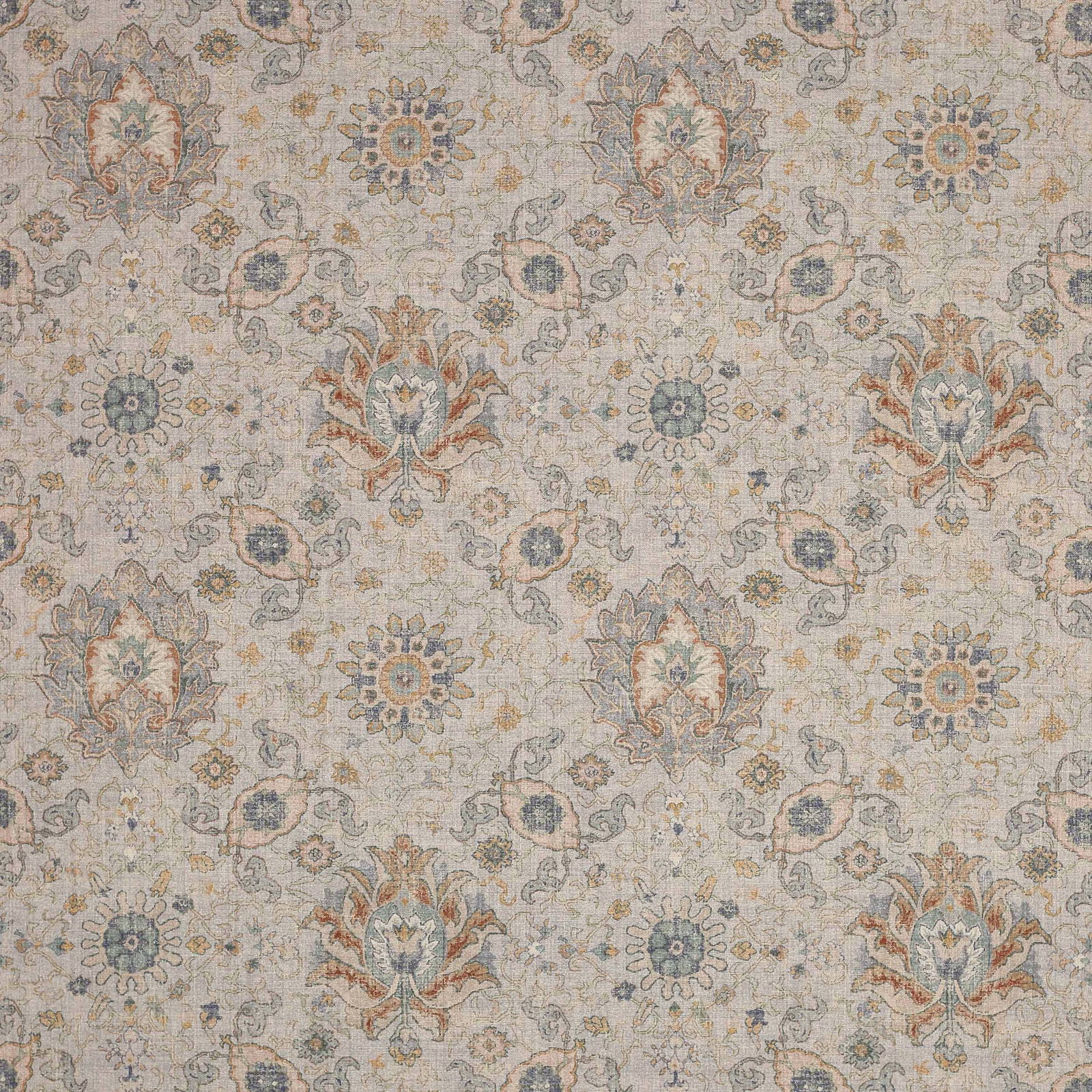 Pale damask fabric with dusty blue, sage and terracotta floral motifs on a light ground
