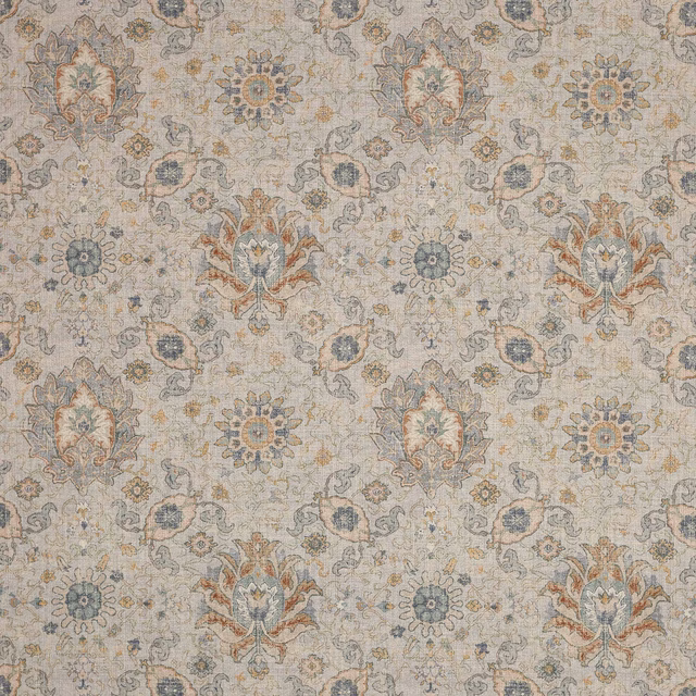 Pale damask fabric with dusty blue, sage and terracotta floral motifs on a light ground