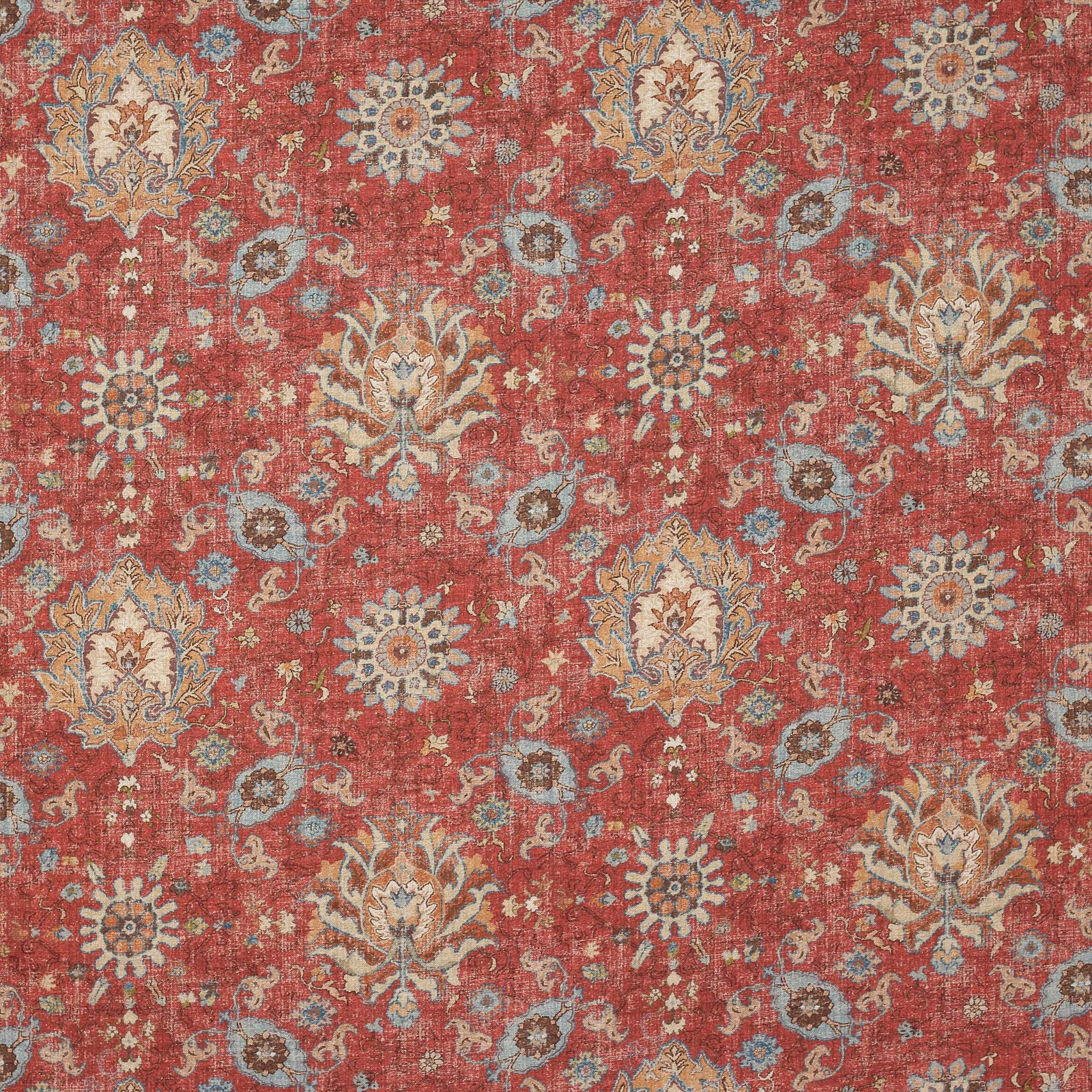 Weathered red damask-style fabric with cream and blue-grey floral motifs