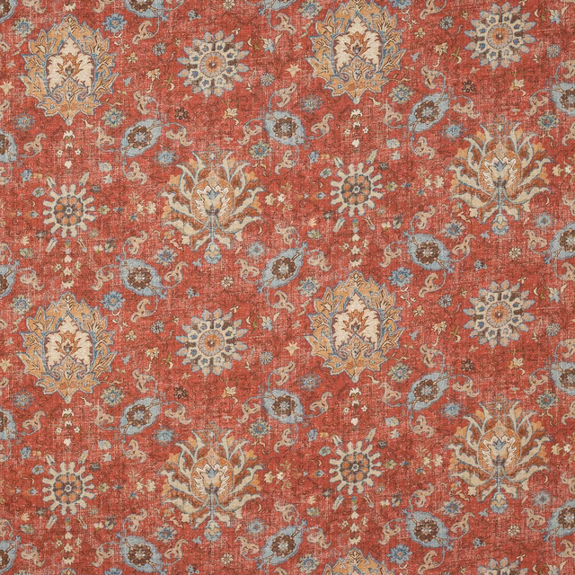 Weathered red damask-style fabric with cream and blue-grey floral motifs
