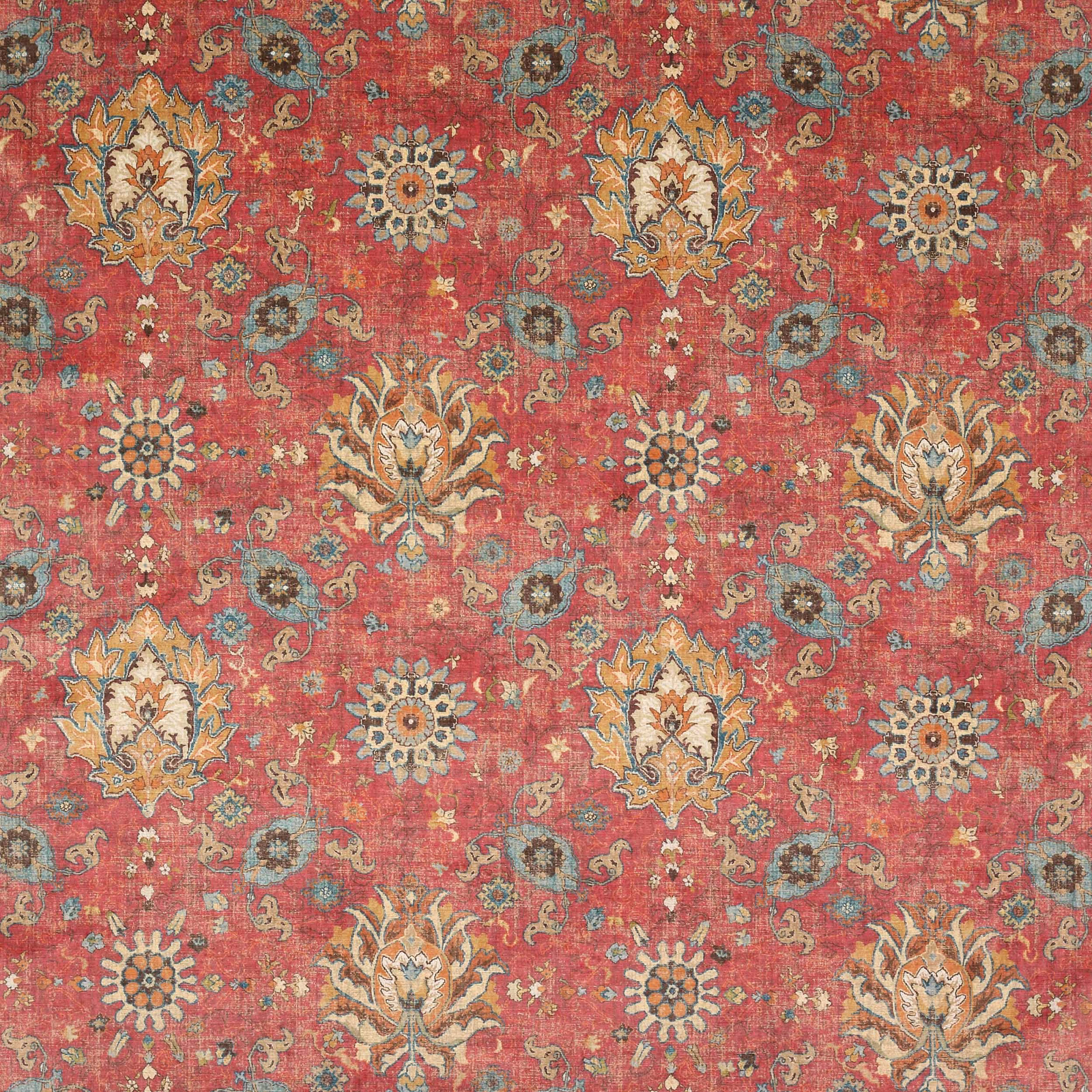 Faded coral-red velvet with cream and blue damask motifs