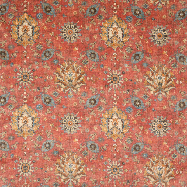Faded coral-red velvet with cream and blue damask motifs