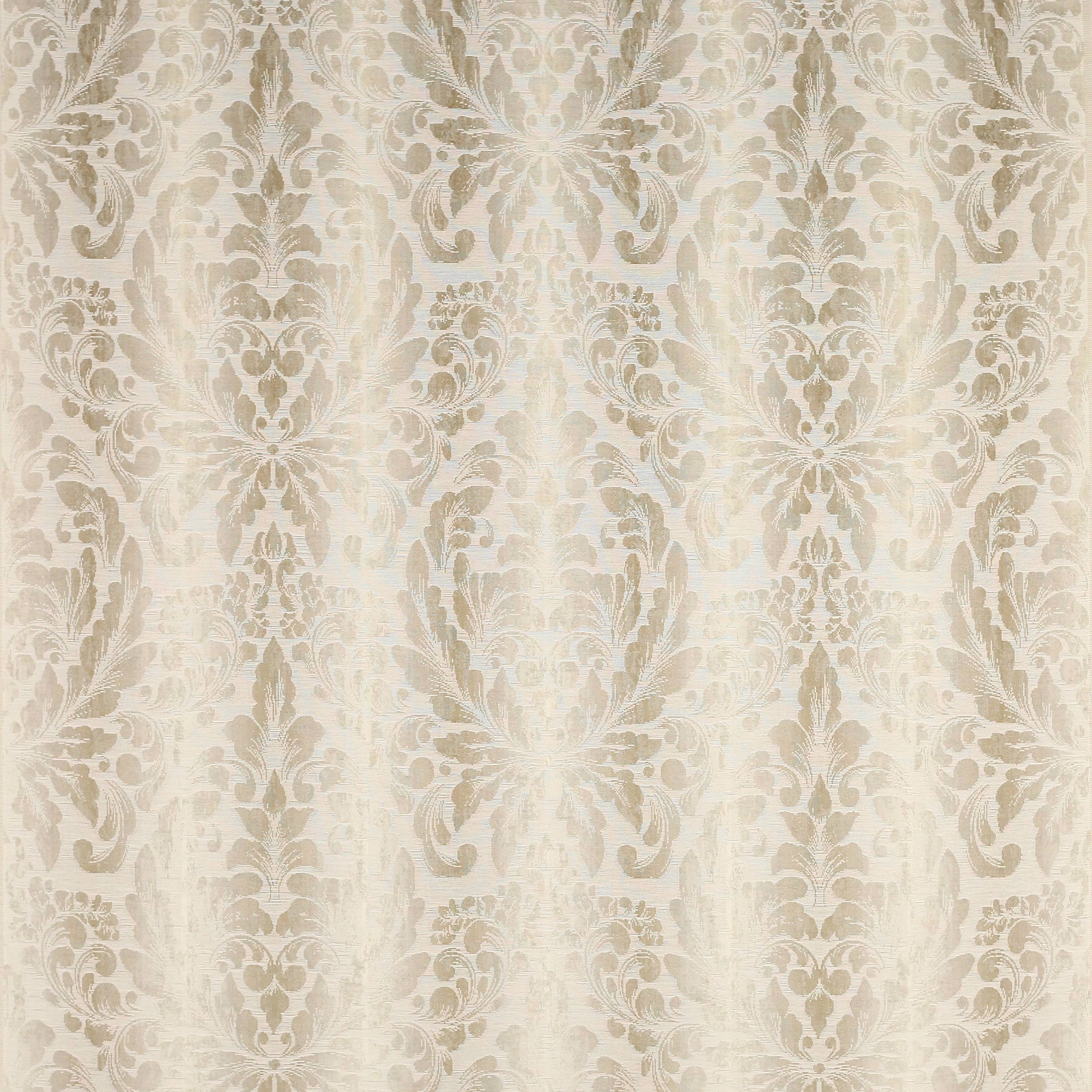 Warm ivory beige damask fabric with scrolling leaf motifs and a soft sheen