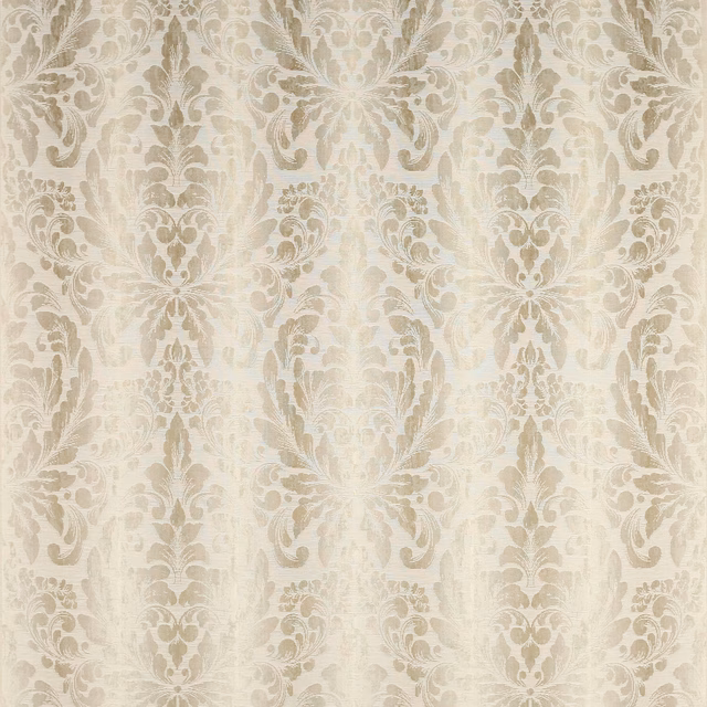 Warm ivory beige damask fabric with scrolling leaf motifs and a soft sheen
