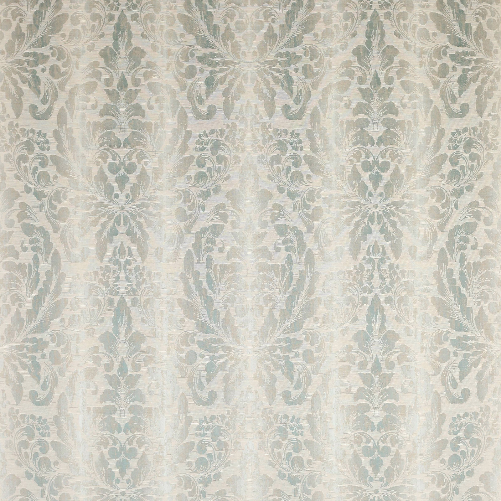 Pale blue and ivory damask fabric swatch with a soft linen-silk sheen
