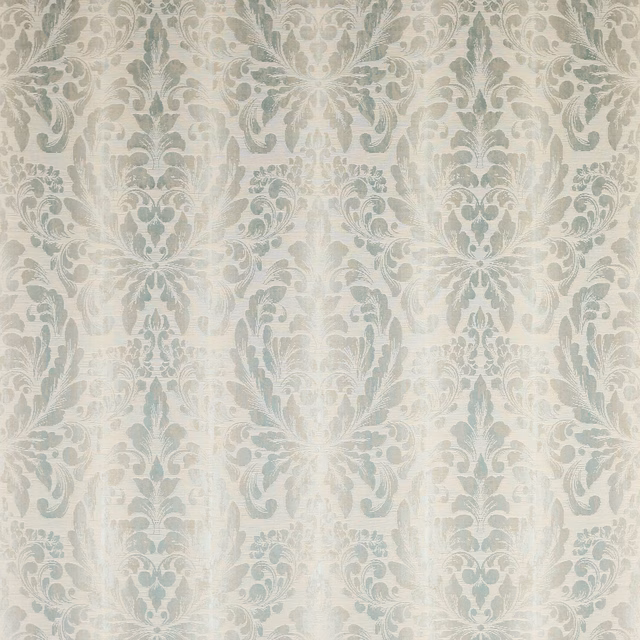 Pale blue and ivory damask fabric swatch with a soft linen-silk sheen