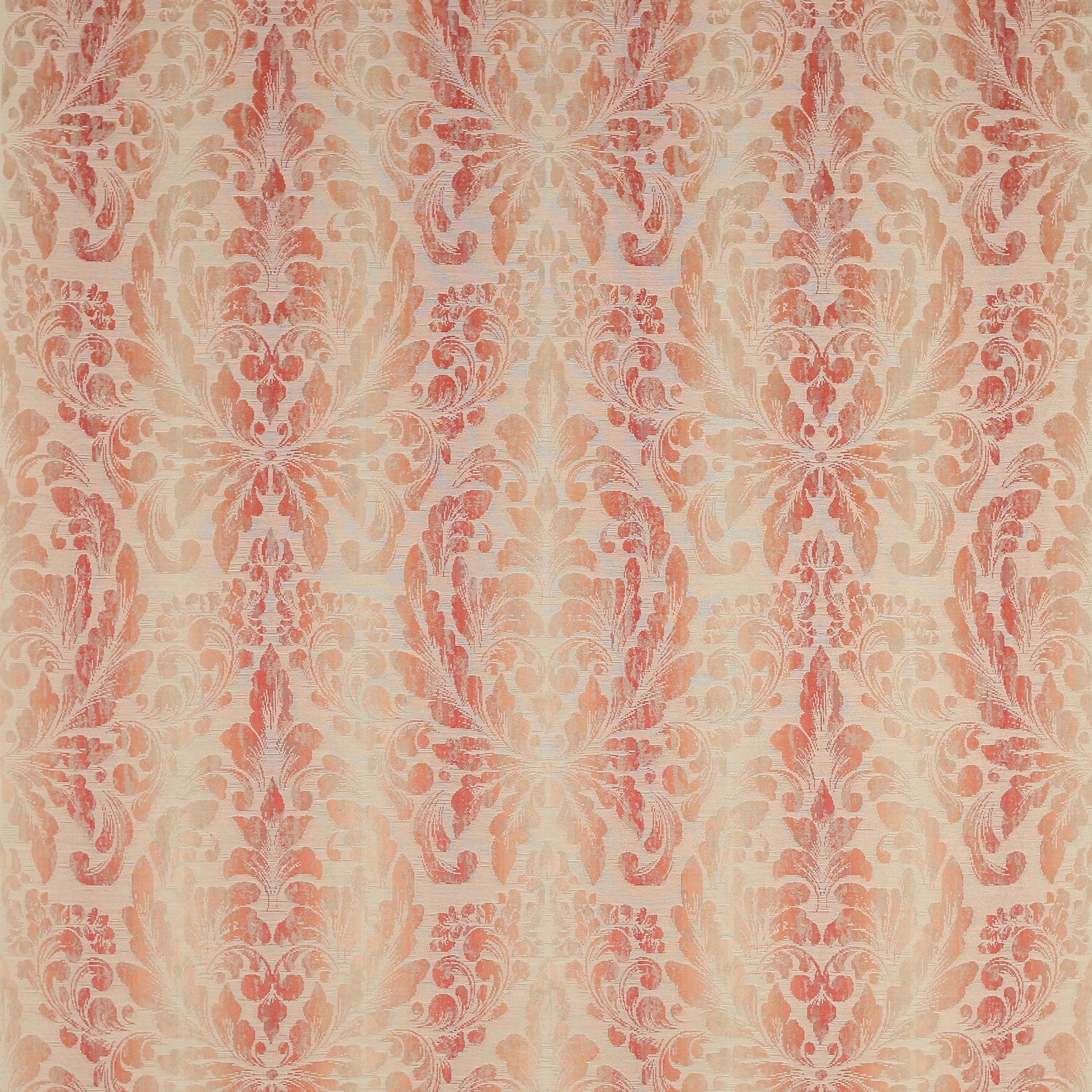 Pale coral-red damask motif on an ivory woven fabric swatch