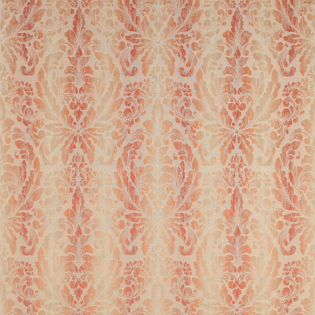 Pale coral-red damask motif on an ivory woven fabric swatch