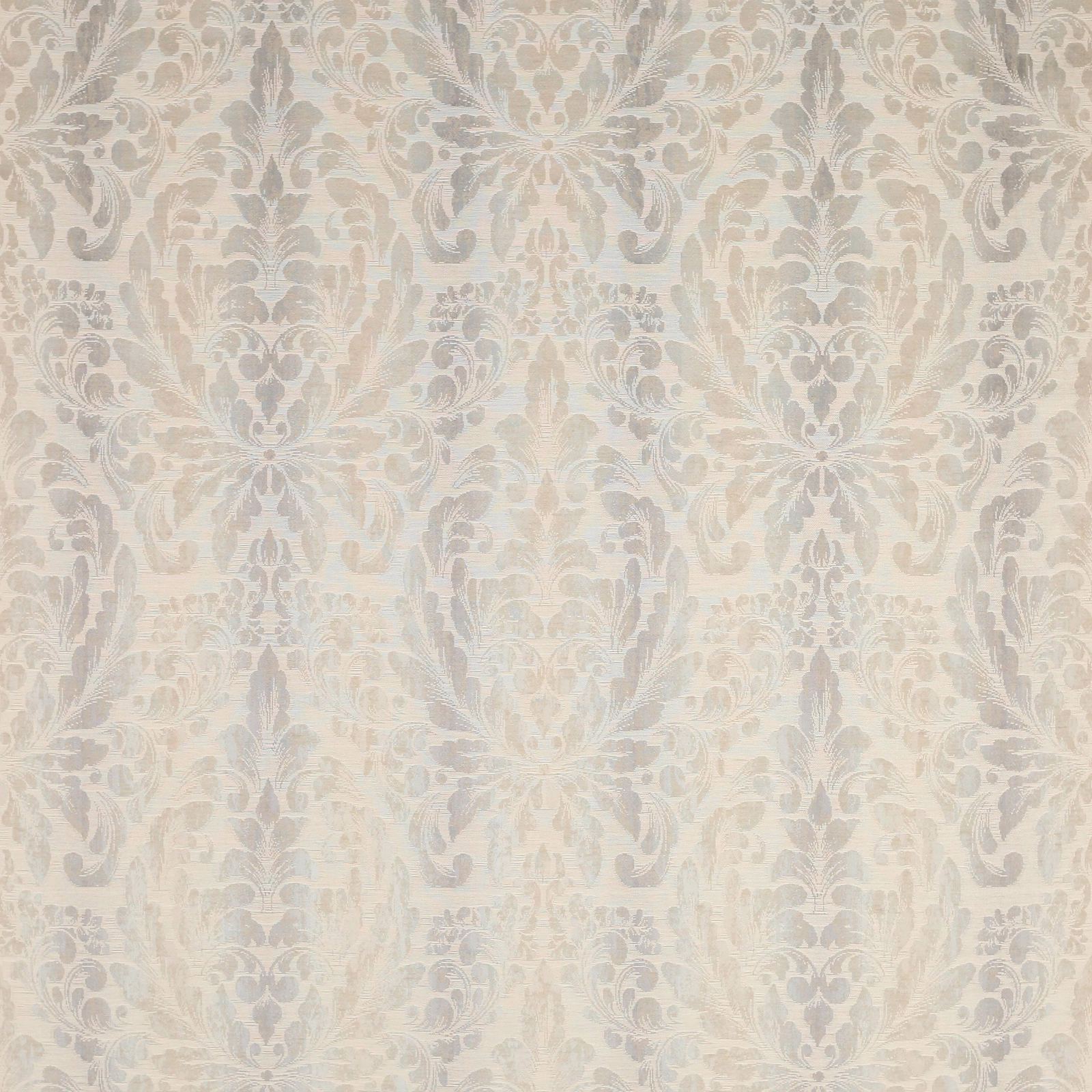 Pale silver-grey damask fabric with a soft woven sheen and scrolling floral motif.